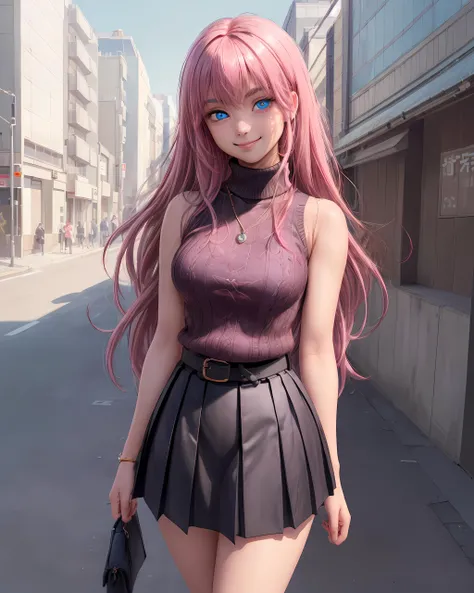 (best quality:1.1), (masterpiece:1.2), high quality shadow, beautiful detailed, (high detailed skin, skin details), (wide landscape, 8k), beautiful face, detailed eyes, depth of field, dramatic light, best quality, highres, best shadow, best illumination, shikimorisan, 1girl, pink hair, long hair, blue eyes, hair between eyes, bangs, breasts, smile, sweater, turtleneck sweater, sleeveless, necklace, skirt, pleated skirt, black skirt, black belt, outdoors, tokyo, street, <lora:add_detail:0.5>, <lora:breastinclassBetter:0.5>, <lora:back_view:0.5>