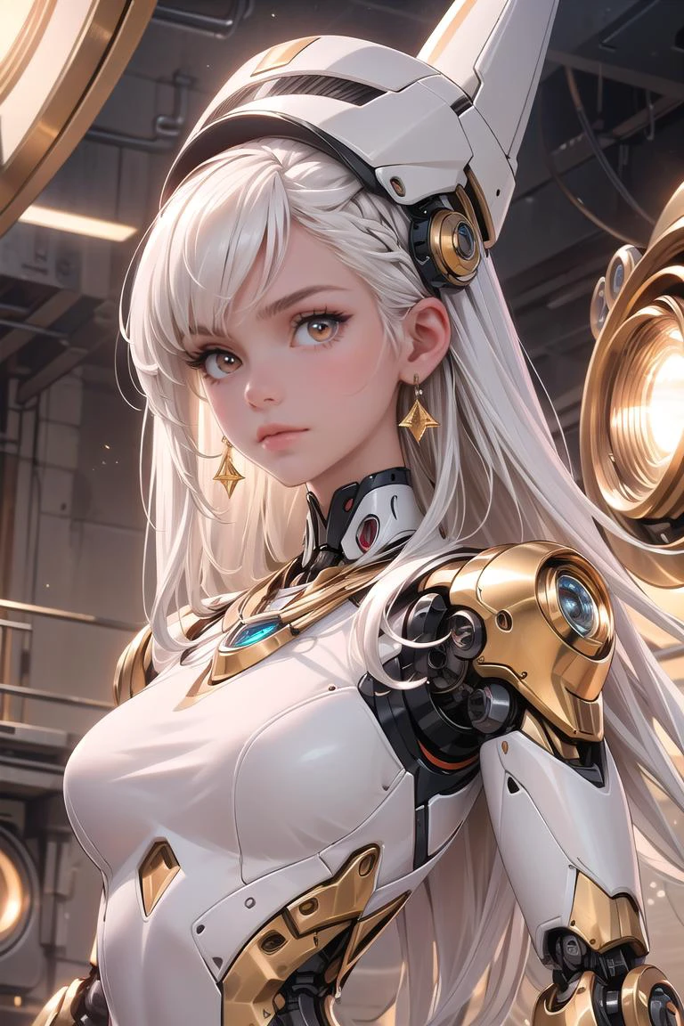 masterpiece,best quality,high quality, <lyco:GoodHands-beta2:1.0>,Elegant hair,1girl,solo,Mechanical Headwear,Look up the lens,long hair,whole body,mechanical arm,white hair,earrings,looking at viewer,mechanical necklace,Positive symmetrical composition,brown eyes,upper body,Robot Background,(There's a light engine in the background:1.4),Diamond, <lora:MG_jixie:0.6> <lora:more_details:0.3>