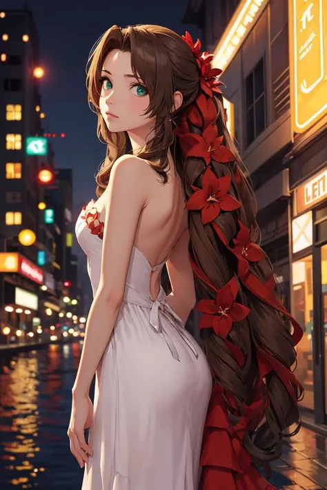 masterpiece, best quality, aerith gainsborough, very long hair, hair ribbons, hair flowers, strapless red dress, looking at viewer, cowboy shot, nighttime, waterfront, neon signs , <lora:aerith-nvwls-v1:0.9>