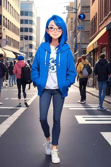 European and American cartoon,original character design,hand drawing,a girl,solo,hoodie hoodie,glasses,pants,long hair,shoes,smile,hands in pockets,full body,looking at the audience,round glasses,white shoes,standing,long sleeves,hood down,blue hair,jeans,yellow hoodie,drawstring,street view,street light ,<lora:Animated characters:0.6>,