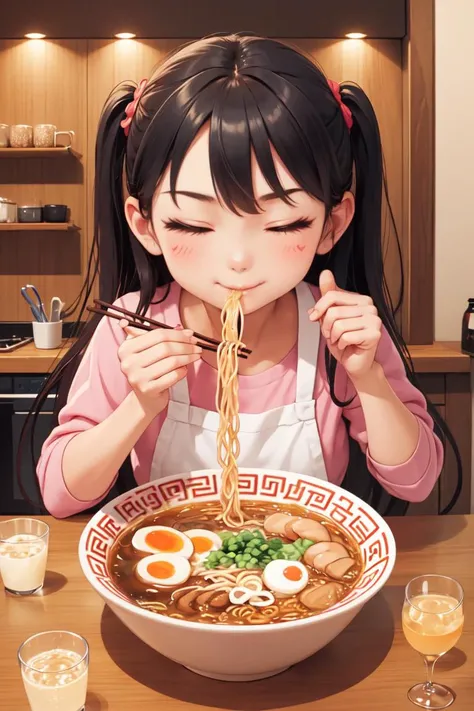 (masterpiece, best quality), 1girl, solo, cute face, kawaii, ramen, chopsticks, drinking glass, eating, heart, happy, closed eyes, closed mouth, <lora:ramen_v1.4:1>, kitchen,