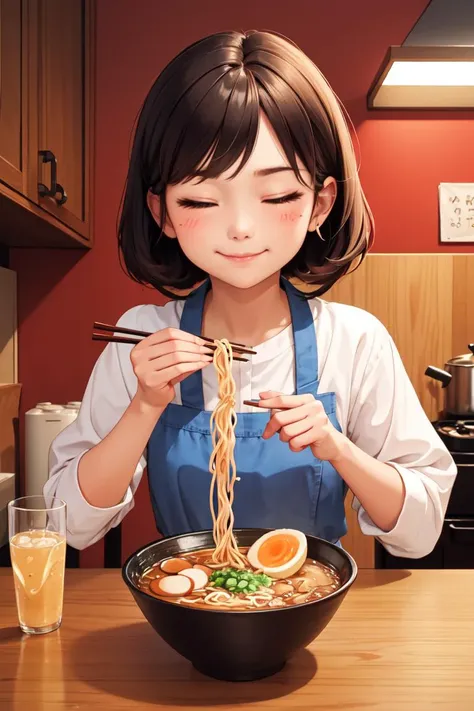 (masterpiece, best quality), 1girl, solo, cute face, kawaii, ramen, chopsticks, drinking glass, eating, heart, happy, closed eyes, closed mouth, <lora:ramen_v1.4:1>, kitchen,