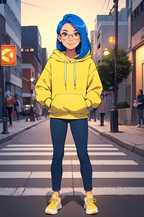 European and American cartoon,original character design,hand drawing,a girl,solo,hoodie hoodie,glasses,pants,long hair,shoes,smile,hands in pockets,full body,looking at the audience,round glasses,white shoes,standing,long sleeves,hood down,blue hair,jeans,yellow hoodie,drawstring,street view,street light ,<lora:Animated characters:0.6>,