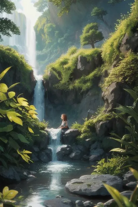 1girl, cute, looking at viewer, sitting on a rock on the side, girl sitting to the side, lake, waterfall, summer, shrubbery, bushes, sunlight, outside, Direct light, Selective focus, ((illustration)), perfect details, light particles, chromatic aberration, masterpiece, best quality, absurdres, highest quality, amazing details, hyper detail, dramatic light, intricate details. waterfall in focus