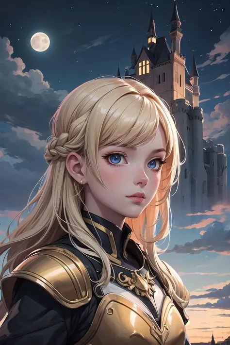 best quality, high detail, (detailed face), detailed eyes,((best quality, masterpiece)), 1girl, black and gold armor, blonde braided hair, moon light , ((full moon):0.5), outdoor, clouds on background,fantasy, medieval, castle on background <lora:more_details:0.3> <lyco:GPTS4 dreamwave full_478773:0.3> <lyco:GoodHands-beta2:0.8>