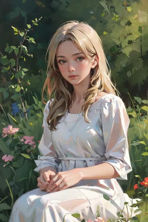 OIL PAINTING,IMPRESSIONISM,MEDIUM SHOT,<lyco:GoodHands-beta2:0.5>,high quality, masterpiece, (realistic, photo-realistic:1.2) ,high definition, ultra detailed, raw photo,1girl with long white hair sitting in a field of green plants and flowers, her hand under her chin, warm lighting, white dress, blurry foreground,nsfw ,<lora:bichu-v0612 :0.8> BICHU,