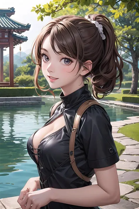 (masterpiece, best quality:1.4), high detail, (detailed face), detailed eyes, detailed background,dramatic lighting, 11girl,Braid,laughing,Black_see-through_bodysuit, black_shorts, black_lace-up_boots, (yellowish-brown skin tone:1.1), Curly side-swept ponytail, Beige brown hair, excited, wide shot, upper body, girl, cleavage, South Korea, Tourism, a serene and picturesque royal garden with ponds, pavilions, and walking trails,((upper body)) BREAK looking at viewer,random angle,<lora:more_details:0.3> <lyco:GPTS4 dreamwave full_478773:0.3>, <lyco:GoodHands-beta2:0.8>