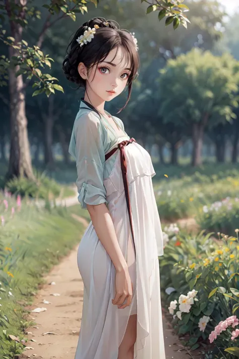 Cowboy Shot,masterpiece, best quality, hyperrealism,dramatic lighting,<lyco:GoodHands-beta2:1.3>, 1girl, solo, looking at viewer,cute delicate face, sharp focus, hanfu,girlface, kpop idol, supermodel, stunning innocent symmetry face, medium breast, slim waist, slim legs,field of flowers background,<lora:tangStyle26:0.8>, <lora:more_details:0.3>,stylish pose, finely detailed background
