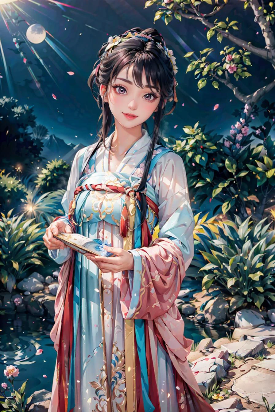 <(best quality, extremery best quality, masterpiece:1.4), (realistic, intricate details:1.4), (photorealistic:1.4), (extremely intricate:1.4), highres, ultra highres, ultra-detailed, absurdres, incredibly absurdres, extremely detailed, high quality, high resolution, hyperrealistic, ultra-realistic, hyper-detailed, top quality, best, fine detail, massive detail, Highly detailed, extreme detailed, highest detailed, high-res, absolutely resolution, reflection, (refraction:1.4), (hyperrealism:1.4)>, BREAK, 1girl, solo, looking at viewer, (young cute beautiful 18-year-old girl:1.4), 3d face, (hand of Guido Daniele:1.4), beautiful girl, Beautiful face, pretty, girlface, kpop idol, supermodel, stunning innocent symmetry face, perfect body, medium breast, slim waist, slim legs, (high detailed skin:1.5), glowing eyes, goddess, natural skin texture, shiny skin, White skin, Beautiful detailed face, detailed face, real skin texture, cute delicate face, finely detailed face, golden ratio, golden ratio face, expressive eyes, perfect face, perfect skin, flawless face, clear face, shiny hair, pale skin, Proper body proportion, perfect anatomy, realistic skin texture, luscious lips, glossy lips, natural makeup, beautiful bright pupils, slender figure, intricate eyes, detailed pupils, detailed face and eyes, longeyelashes, blush, good hand, perfect hands, pretty face, beautiful female bodies, finely detailed skin, oily shiny skin, clean facial features, an extremely delicate and beautiful, cute & girly, beautiful detailed eyes, stars in the eyes, detailed simmetric eyes, perfect smooth skin texture, BREAK, (((((standing, (hanfu, tang style, tang style outfits, pink upper shan, pink chest pleated skirt, red with pink waistband, red pibo:1.4), (smile, Pink hair, Pink eye, long hair, Pink eyelashes, Pink lips, Pink lip colour, Eyes glowing Pink, flat bangs, pink fluffy bunny:1.5), (night, Night time, moon light, sky, landscape, aurora borealis, stars, outdoors, Chinese, Pink fireworks, Sakura tree background:1.4), (lake background, mountains, full moon background, night lake shore, river, forest, chinese style countryard, lanterns, pond, cobblestone pathway, building pavilion, chinese buildings, moutains, misty lake, ancient chinese background, puddle, after the rain, petals falling, wet grass and trees, flower sea, in a meadow, waterfall, breeze, flying splashes, flying petals, leaves, bloom, bloom effect, surrounded by heavy floating petal flow, petal, Pink butterfly, flower, detailed beautiful grassland with petal, flowers, plants, Pink rose, many Pink roses, leaves falling from the tree, dust is drifting, ethereal, scenery, nature, mysterious background:1.4), (iridescent colors, Iridescence, blush, mysterious, fantasy background, fantasy, open mouth:1.2), (fog, wind:1.2), (Luminescent Particles:1.3), (fullbody:1.2), (eye focus, face focus, character focus, close-up face:1.2), (dutch angle, cowboy shot:1.3), colorful refraction)))), BREAK, <watercolor, available light, detailed light, volumetric fog, beautiful lighting, Rembrandt lighting, Cinematic, pixel art, game art, key visual, surreal, PBR Texturing, Anisotropic Filtering, Maximum Clarity And Sharpness, Albedo And Specular Maps, Multi-Layered Textures, Surface Shading, Sub-Pixel Convolution, Sub-Pixel Convolution, Accurate Simulation Of Light-Material Interaction, blurry foreground, broad light, volumetric light effect, matte painting, perfectly defined features, volumetric lighting, Tone Mapping, Lumen Reflections, Global illumination, Ray Tracing, Screen Space Global Illumination, Accent Lighting, 32k, Natural Lighting, volumetric, cinematic masterpiece, Rule of thirds, high dynamic range, Multi-exposure HDR capture, cinematic render, game cg cinematic, atmospheric perspective, movie scene, epic dynamic frame, motion blur, ((cinematic look, Film look)), rim light, 4k textures, adobe lightroom, photolab, insane details, hyperdetailed, exposure blend, professional color grading, professional color correction, aerial perspective, particles and dust in beams of light, cinematic scene, dynamic lighting, sharp details, lomography, soft focus, light leaks, bold hues, atmospheric depth, (explosive light and shadow:1.2), aesthetics, intricate designs, ultra realistic digital art, (zentangle, mandala, tangle, entangle), (fractal art), elegant, vivid colours, floating particles, particles, dramatic, epic, (ink drawing, oil painting detailed), (dramatic lighting:1.2), RAW, huge filesize, extremery detailed CG, Photo, 8k uhd, cinematic atmosphere, trending on artstation, award-winning glamour photograph, highly detailed photo, official art, beautiful and aesthetic, unity 8k wallpaper, beautiful, highly detailed CG illustration, best illustration, intricate, Amazing, emotional, analog, painting, digital painting, concept art, Oil Painting, illustration, Classical art, Renaissance, Romanticism, Neoclassicism, Color Palette, depth and contrast, Vibrant colors, saturated, rich saturation, color harmony, vivid palette, concept-art, design style, detail character, concept render, colorful, analog photography, dreamy atmosphere, specular highlights, atmospheric lighting, (dynamic angle, dynamic pose :1.3), (shiny, clothes reflecting light, lens flare, bloom effect, light particle, lens glare:1.3), realistic lighting, cinematic light, (cinematic lighting), light in the face, soft lighting, saturated colors, detailed background, sharp focus, 8k high definition, perspective, Master Composition, roughness, post-processing, soft shadows, realistic shadows, ambient occlusion, ray-tracing, subsurface scattering, photon mapping, physically-based rendering, octane rendering, unreal engine 5, ue5 rendering, Adobe After FX, dslr, RTX, Best character details, radiosity, sharp, antialiased, RAW photo, HDR, 8k, 4k, (((Photographed by Roger Deakins, using a RED Monstro 8K VV camera and a series of high-end lenses))), ((Hasselblad photography)), (film grain:1.4), Kodak portra 400, ((Fujifilm X-T5)), professional photograph, depth of field, caustics, Broad lighting, diffuse lighting, rim lighting, two tone lighting, textile details, visible pores, high resolution scan, professionally color graded, photographic reality, automatic white balance, best lighting, detailed shadow, high contrast, strong light and shadow>, (PureErosFace_V1:0.5), (ulzzang-6500:1), <lora:epiNoiseoffset_v3:0.05>, <lora:add_detail:0.1>, <lora:hanfuTang_v35:0.8>, <lora:zhongfenghuaxiyou-000018:0.05>, zhongfenghua