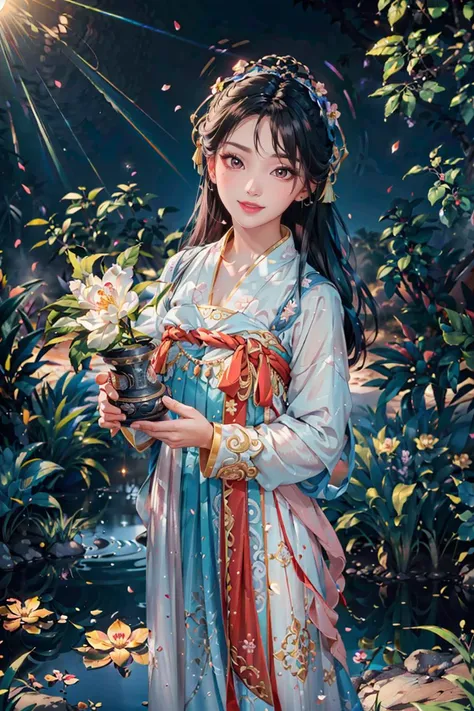 <(best quality, extremery best quality, masterpiece:1.4), (realistic, intricate details:1.4), (photorealistic:1.4), (extremely intricate:1.4), highres, ultra highres, ultra-detailed, absurdres, incredibly absurdres, extremely detailed, high quality, high resolution, hyperrealistic, ultra-realistic, hyper-detailed, top quality, best, fine detail, massive detail, Highly detailed, extreme detailed, highest detailed, high-res, absolutely resolution, reflection, (refraction:1.4), (hyperrealism:1.4)>, BREAK, 1girl, solo, looking at viewer, (young cute beautiful 18-year-old girl:1.4), 3d face, (hand of Guido Daniele:1.4), beautiful girl, Beautiful face, pretty, girlface, kpop idol,  supermodel, stunning innocent symmetry face, perfect body, medium breast, slim waist, slim legs, (high detailed skin:1.5), glowing eyes, goddess, natural skin texture, shiny skin, White skin, Beautiful detailed face, detailed face, real skin texture, cute delicate face, finely detailed face, golden ratio, golden ratio face, expressive eyes, perfect face, perfect skin, flawless face, clear face, shiny hair, pale skin, Proper body proportion, perfect anatomy, realistic skin texture, luscious lips, glossy lips, natural makeup, beautiful bright pupils, slender figure, intricate eyes, detailed pupils, detailed face and eyes, longeyelashes, blush, good hand, perfect hands, pretty face, beautiful female bodies, finely detailed skin, oily shiny skin, clean facial features, an extremely delicate and beautiful, cute & girly, beautiful detailed eyes, stars in the eyes, detailed simmetric eyes, perfect smooth skin texture, BREAK, (((((standing, (hanfu, tang style, tang style outfits, pink upper shan, pink chest pleated skirt, red with pink waistband, red pibo:1.4), (smile, Pink hair, Pink eye, long hair, Pink eyelashes, Pink lips, Pink lip colour, Eyes glowing Pink, flat bangs, pink fluffy bunny:1.5), (night, Night time, moon light, sky, landscape, aurora borealis, stars, outdoors, Chinese, Pink fireworks, Sakura tree background:1.4), (lake background, mountains, full moon background, night lake shore, river, forest, chinese style countryard, lanterns, pond,  cobblestone pathway,   building pavilion, chinese buildings, moutains, misty lake, ancient chinese background, puddle, after the rain, petals falling, wet grass and trees, flower sea, in a meadow, waterfall, breeze, flying splashes, flying petals, leaves, bloom, bloom effect, surrounded by heavy floating petal flow, petal, Pink butterfly, flower, detailed beautiful grassland with petal, flowers, plants, Pink rose, many Pink roses, leaves falling from the tree, dust is drifting, ethereal, scenery, nature, mysterious background:1.4), (iridescent colors, Iridescence, blush, mysterious, fantasy background, fantasy, open mouth:1.2), (fog, wind:1.2), (Luminescent Particles:1.3), (fullbody:1.2), (eye focus, face focus, character focus, close-up face:1.2), (dutch angle, cowboy shot:1.3), colorful refraction)))), BREAK, <watercolor, available light, detailed light,  volumetric fog,  beautiful lighting,  Rembrandt lighting,  Cinematic, pixel art,  game art,  key visual,  surreal,   PBR Texturing,   Anisotropic Filtering, Maximum Clarity And Sharpness, Albedo And Specular Maps, Multi-Layered Textures, Surface Shading, Sub-Pixel Convolution,  Sub-Pixel Convolution,  Accurate Simulation Of Light-Material Interaction, blurry foreground, broad light, volumetric light effect, matte painting, perfectly defined features, volumetric lighting, Tone Mapping, Lumen Reflections, Global illumination, Ray Tracing, Screen Space Global Illumination, Accent Lighting, 32k, Natural Lighting, volumetric, cinematic masterpiece, Rule of thirds, high dynamic range, Multi-exposure HDR capture, cinematic render, game cg cinematic, atmospheric perspective, movie scene, epic dynamic frame, motion blur, ((cinematic look, Film look)), rim light, 4k textures, adobe lightroom, photolab, insane details, hyperdetailed, exposure blend, professional color grading, professional color correction, aerial perspective, particles and dust in beams of light, cinematic scene, dynamic lighting, sharp details, lomography, soft focus, light leaks, bold hues, atmospheric depth, (explosive light and shadow:1.2), aesthetics, intricate designs, ultra realistic digital art, (zentangle, mandala, tangle, entangle), (fractal art), elegant, vivid colours, floating particles, particles, dramatic, epic, (ink drawing, oil painting detailed), (dramatic lighting:1.2), RAW, huge filesize, extremery detailed CG, Photo, 8k uhd, cinematic atmosphere, trending on artstation, award-winning glamour photograph, highly detailed photo, official art, beautiful and aesthetic, unity 8k wallpaper, beautiful, highly detailed CG illustration, best illustration, intricate, Amazing, emotional, analog, painting, digital painting, concept art, Oil Painting, illustration, Classical art, Renaissance, Romanticism, Neoclassicism, Color Palette, depth and contrast, Vibrant colors, saturated, rich saturation, color harmony, vivid palette, concept-art, design style, detail character, concept render, colorful, analog photography, dreamy atmosphere, specular highlights, atmospheric lighting, (dynamic angle, dynamic pose :1.3), (shiny, clothes reflecting light, lens flare, bloom effect, light particle, lens glare:1.3), realistic lighting, cinematic light, (cinematic lighting), light in the face, soft lighting, saturated colors, detailed background, sharp focus, 8k high definition, perspective, Master Composition, roughness, post-processing, soft shadows, realistic shadows, ambient occlusion, ray-tracing, subsurface scattering, photon mapping, physically-based rendering, octane rendering, unreal engine 5, ue5 rendering, Adobe After FX, dslr, RTX, Best character details, radiosity, sharp, antialiased, RAW photo, HDR, 8k, 4k, (((Photographed by Roger Deakins, using a RED Monstro 8K VV camera and a series of high-end lenses))), ((Hasselblad photography)), (film grain:1.4), Kodak portra 400, ((Fujifilm X-T5)), professional photograph, depth of field, caustics, Broad lighting, diffuse lighting, rim lighting, two tone lighting, textile details, visible pores, high resolution scan, professionally color graded, photographic reality, automatic white balance, best lighting, detailed shadow, high contrast, strong light and shadow>, (PureErosFace_V1:0.5), (ulzzang-6500:1), <lora:epiNoiseoffset_v3:0.05>, <lora:add_detail:0.1>,  <lora:hanfuTang_v35:0.8>,  <lora:zhongfenghuaxiyou-000018:0.05>, zhongfenghua