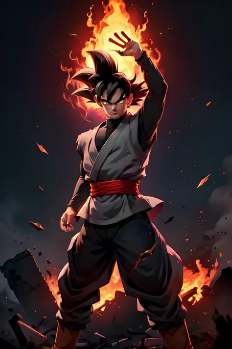 ((masterpiece, best quality)),(complex light),absurdres, highres, 1boy,solo,fighting stance, goku black,black hair,black eyes, fire destroyed debris background,smirk,  <lora:goku_black1:0.8>, <lora:on_fire:0.3>, <lora:LAS:0.3>