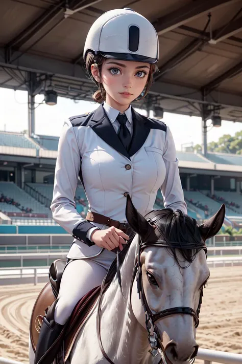 best quality, masterpiece, <lora:more_details:0.3>,<lyco:GoodHands-beta2:1>,a woman, (wearing equitation_outfit, wearing cap:1.1), white equitation_outfit, good hand, head:1.3,finely detailed skin, sharp focus, (cinematic lighting), dynamic angle, breasts, outside, Racetrack background, <lora:equitation_outfit:0.6>,Depth of Field