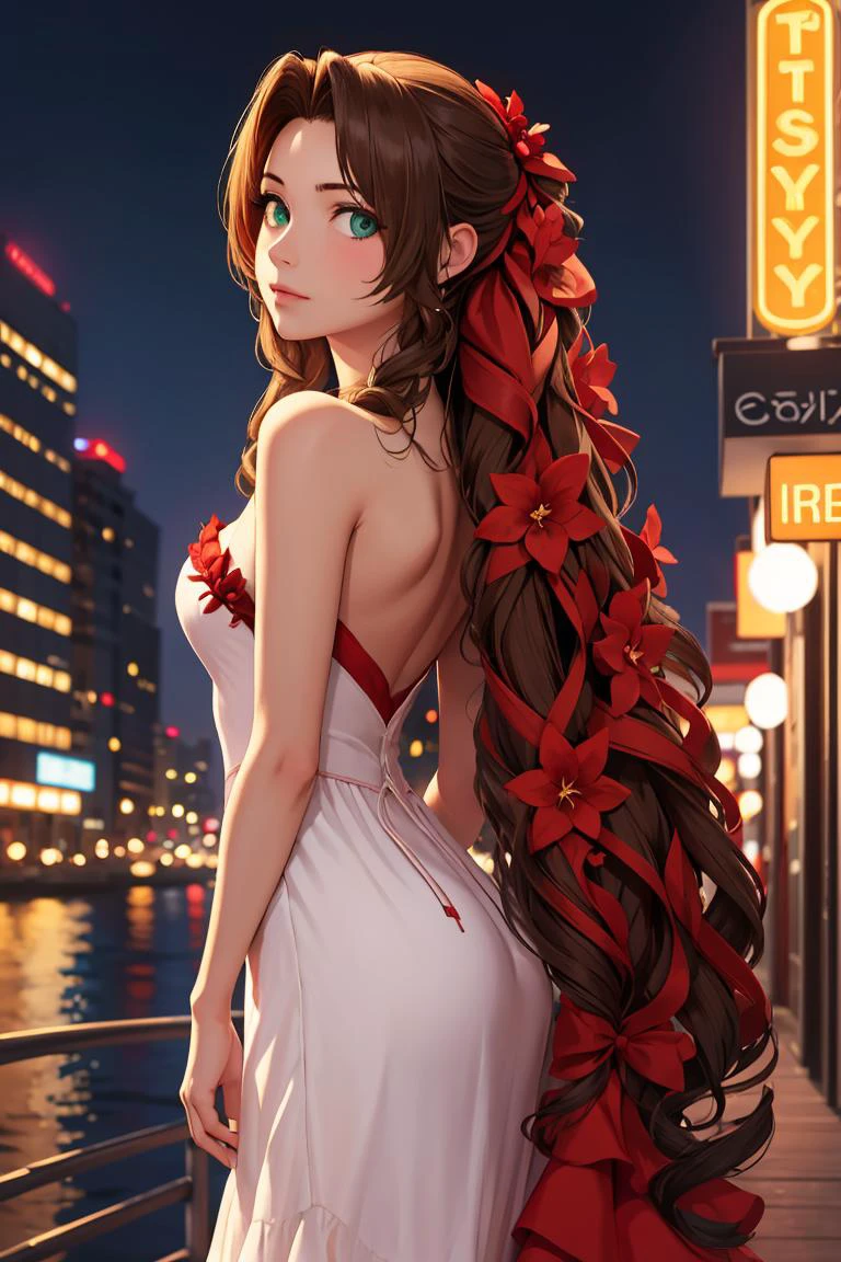 masterpiece, best quality, aerith gainsborough, very long hair, hair ribbons, hair flowers, strapless red dress, looking at viewer, cowboy shot, nighttime, waterfront, neon signs , <lora:aerith-nvwls-v1:0.9>