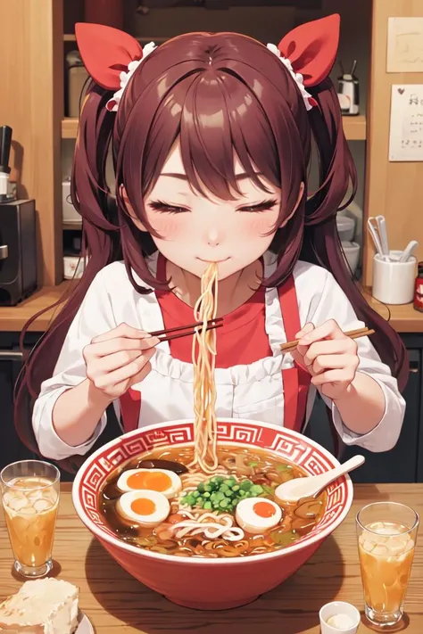(masterpiece, best quality), 1girl, solo, cute face, kawaii, ramen, chopsticks, drinking glass, eating, heart, happy, closed eyes, closed mouth, <lora:ramen_v1.4:1>, kitchen,