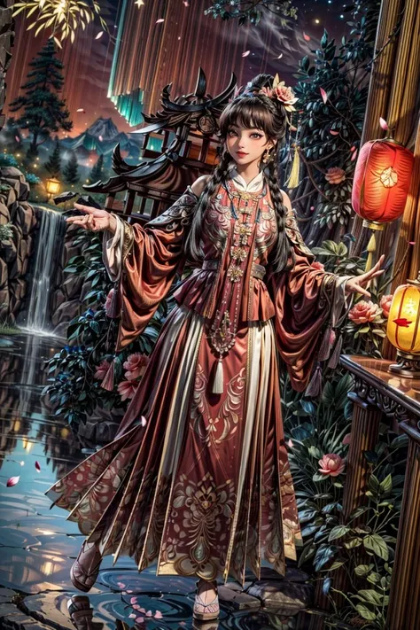 <(best quality, extremery best quality, masterpiece:1.4), (realistic, intricate details:1.4), (photorealistic:1.4), (extremely intricate:1.4), highres, ultra highres, ultra detailed, ultra-detailed, absurdres, incredibly absurdres, extremely detailed, high quality, high resolution, hyperrealistic, ultra-realistic, hyper-detailed, top quality, best, fine detail, massive detail, Highly detailed, extreme detailed, highest detailed, high-res, absolutely resolution, reflection, (refraction:1.4), (hyperrealism:1.4)>, BREAK, (1girl:1.3), solo, looking at viewer, (young cute beautiful 18-year-old girl:1.4), 3d face, (hand of Guido Daniele:1.4), beautiful girl, Beautiful face, pretty, girlface, kpop idol, supermodel, stunning innocent symmetry face, perfect body, medium breast, slim waist, slim legs, (high detailed skin:1.5), glowing eyes, goddess, natural skin texture, shiny skin, White skin, Beautiful detailed face, detailed face, real skin texture, cute delicate face, finely detailed face, golden ratio, golden ratio face, expressive eyes, perfect face, perfect skin, flawless face, clear face, shiny hair, pale skin, Proper body proportion, perfect anatomy, realistic skin texture, luscious lips, glossy lips, natural makeup, beautiful bright pupils, slender figure, intricate eyes, detailed pupils, detailed face and eyes, longeyelashes, blush, good hand, perfect hands, pretty face, beautiful female bodies, finely detailed skin, oily shiny skin, clean facial features, an extremely delicate and beautiful, cute & girly, beautiful detailed eyes, stars in the eyes, detailed simmetric eyes, perfect smooth skin texture, BREAK, (((((standing, (white/blue/red/black/green/pink/yellow chinese shirt),(white/blue/red/black/green/pink/yellow chinese long skirt), (dancing, smile, Pink hair, Pink eye, long hair, Pink eyelashes, Pink lips, Pink lip colour, Eyes glowing Pink, flat bangs, happy expression), (lotus, hair ornament, water, dancing with butterfly, chinese traditional architecture, in the garden, floral background, brilliant colors, long_hair, nail_polish, jewelry, ancient art, chinese style), (night, Night time, moon light, sky, landscape, aurora borealis, stars, outdoors, Chinese, Pink fireworks, Sakura tree background:1.4), (lake background, mountains, full moon background, night lake shore, river, forest, chinese style countryard, lanterns, pond, cobblestone pathway, building pavilion, chinese buildings, moutains, misty lake, ancient chinese background, puddle, after the rain, petals falling, wet grass and trees, flower sea, in a meadow, waterfall, breeze, flying splashes, flying petals, leaves, bloom, bloom effect, surrounded by heavy floating petal flow, petal, Pink butterfly, flower, detailed beautiful grassland with petal, flowers, plants, Pink rose, many Pink roses, leaves falling from the tree, dust is drifting, ethereal, scenery, nature, mysterious background:1.4), (iridescent colors, Iridescence, blush, mysterious, fantasy background, fantasy, open mouth:1.2), (fog, wind:1.2), (Luminescent Particles:1.3), (fullbody:1.2), (eye focus, face focus, character focus, close-up face:1.2), (dutch angle, cowboy shot:1.3), colorful refraction)))), BREAK, <watercolor, available light, detailed light, volumetric fog, beautiful lighting, Rembrandt lighting, Cinematic, pixel art, game art, key visual, surreal, PBR Texturing, Anisotropic Filtering, Maximum Clarity And Sharpness, Albedo And Specular Maps, Multi-Layered Textures, Surface Shading, Sub-Pixel Convolution, Sub-Pixel Convolution, Accurate Simulation Of Light-Material Interaction, blurry foreground, broad light, volumetric light effect, matte painting, perfectly defined features, volumetric lighting, Tone Mapping, Lumen Reflections, Global illumination, Ray Tracing, Screen Space Global Illumination, Accent Lighting, 32k, Natural Lighting, volumetric, cinematic masterpiece, Rule of thirds, high dynamic range, Multi-exposure HDR capture, cinematic render, game cg cinematic, atmospheric perspective, movie scene, epic dynamic frame, motion blur, ((cinematic look, Film look)), rim light, 4k textures, adobe lightroom, photolab, insane details, hyperdetailed, exposure blend, professional color grading, professional color correction, aerial perspective, particles and dust in beams of light, cinematic scene, dynamic lighting, sharp details, lomography, soft focus, light leaks, bold hues, atmospheric depth, (explosive light and shadow:1.2), aesthetics, intricate designs, ultra realistic digital art, (zentangle, mandala, tangle, entangle), (fractal art), elegant, vivid colours, floating particles, particles, dramatic, epic, (ink drawing, oil painting detailed), (dramatic lighting:1.2), RAW, huge filesize, extremery detailed CG, Photo, 8k uhd, cinematic atmosphere, trending on artstation, award-winning glamour photograph, highly detailed photo, official art, beautiful and aesthetic, unity 8k wallpaper, beautiful, highly detailed CG illustration, best illustration, intricate, Amazing, emotional, analog, painting, digital painting, concept art, Oil Painting, illustration, Classical art, Renaissance, Romanticism, Neoclassicism, Color Palette, depth and contrast, Vibrant colors, saturated, rich saturation, color harmony, vivid palette, concept-art, design style, detail character, concept render, colorful, analog photography, dreamy atmosphere, specular highlights, atmospheric lighting, (dynamic angle, dynamic pose :1.3), (shiny, clothes reflecting light, lens flare, bloom effect, light particle, lens glare:1.3), realistic lighting, cinematic light, (cinematic lighting), light in the face, soft lighting, saturated colors, detailed background, sharp focus, 8k high definition, perspective, Master Composition, roughness, post-processing, soft shadows, realistic shadows, ambient occlusion, ray-tracing, subsurface scattering, photon mapping, physically-based rendering, octane rendering, unreal engine 5, ue5 rendering, Adobe After FX, dslr, RTX, Best character details, radiosity, sharp, antialiased, RAW photo, HDR, 8k, 4k, (((Photographed by Roger Deakins, using a RED Monstro 8K VV camera and a series of high-end lenses))), ((Hasselblad photography)), (film grain:1.4), Kodak portra 400, ((Fujifilm X-T5)), professional photograph, depth of field, caustics, Broad lighting, diffuse lighting, rim lighting, two tone lighting, textile details, visible pores, high resolution scan, professionally color graded, photographic reality, automatic white balance, best lighting, detailed shadow, high contrast, strong light and shadow>, (PureErosFace_V1:0.5), (ulzzang-6500:1), <lora:epiNoiseoffset_v3:2>, <lora:add_detail:2>, <lora:hipoly_3dcg_v7-epoch-000012:0.6>, <lora:zhongfenghuaxiyou-000018:0.2>, zhongfenghua, <lora:hanfu_ming:0.8>