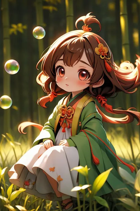 Best quality, masterpiece, 1 girl, chibi,perm,(floating hair), slg,forest,depth of field, grass, ,bamboo forest background
<lora:Guofeng blindbox_20230706102852:1>