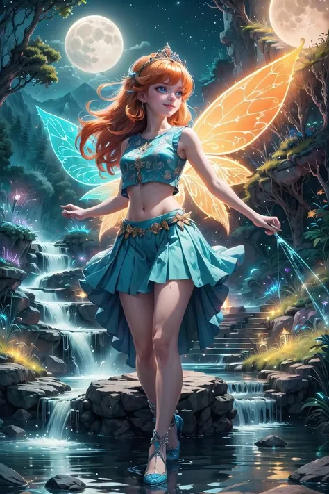 ((masterpiece)), (best quality), official art, extremely detailed CG, unity 8k wallpaper, ultra detailed, highly detailed, detailed background, vivid color, photorealistic, perfect lighting, best illumination, 32k, Bloom, (orange hair, blue eyes, bangs, long hair), (fairy outfit), (blue croptop, sleeveless, blue skirt, sparkling clothing, fairy wings, tiara), smile, happy, full-body-shot, neon lighting, dark romantic lighting, gradients, dynamic pose, moon, night, forest, mountain, stream, <lora:more_details:0.3> <lyco:GPTS4 dreamwave full_478773:0.3> <lyco:GoodHands-beta2:1.0>, <lora:t3xtn:0.5>