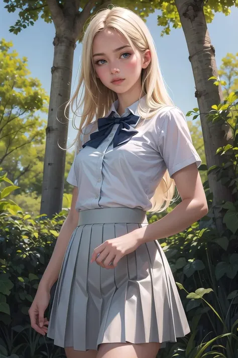 (photorealistic:1.4),Best quality, masterpiece, ultra high res, raw photo,soft light, (cowboy shot),blue sky,movie poster, 1girls, blonde hair, long hair, beautiflul girl, small breasts, happy, (mathayom uniform),white shirt short sleeves,(black pleated long skirt:1.2), bowtie, hair_floating, dramatic scene, forest, nature, sexy pose, <lora:more_details:0.3> <lyco:GPTS4 dreamwave full_478773:0.3> <lyco:GoodHands-beta2:1.0>