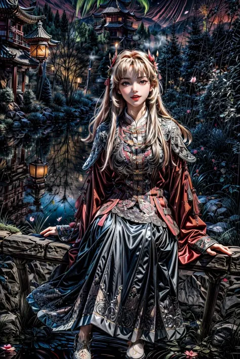 <(best quality, extremery best quality, masterpiece:1.4), (realistic, intricate details:1.4), (photorealistic:1.4), (extremely intricate:1.4), highres, ultra highres, ultra detailed, ultra-detailed, absurdres, incredibly absurdres, extremely detailed, high quality, high resolution, hyperrealistic, ultra-realistic, hyper-detailed, top quality, best, fine detail, massive detail, Highly detailed, extreme detailed, highest detailed, high-res, absolutely resolution, reflection, (refraction:1.4), (hyperrealism:1.4)>, BREAK, (1girl:1.3), solo, looking at viewer, (young cute beautiful 18-year-old girl:1.4), 3d face, (hand of Guido Daniele:1.4), beautiful girl, Beautiful face, pretty, girlface, kpop idol, supermodel, stunning innocent symmetry face, perfect body, medium breast, slim waist, slim legs, (high detailed skin:1.5), glowing eyes, goddess, natural skin texture, shiny skin, White skin, Beautiful detailed face, detailed face, real skin texture, cute delicate face, finely detailed face, golden ratio, golden ratio face, expressive eyes, perfect face, perfect skin, flawless face, clear face, shiny hair, pale skin, Proper body proportion, perfect anatomy, realistic skin texture, luscious lips, glossy lips, natural makeup, beautiful bright pupils, slender figure, intricate eyes, detailed pupils, detailed face and eyes, longeyelashes, blush, good hand, perfect hands, pretty face, beautiful female bodies, finely detailed skin, oily shiny skin, clean facial features, an extremely delicate and beautiful, cute & girly, beautiful detailed eyes, stars in the eyes, detailed simmetric eyes, perfect smooth skin texture, BREAK, (((((standing, (white/blue/red/black/green/pink/yellow chinese shirt),(white/blue/red/black/green/pink/yellow chinese long skirt), (dancing, smile, Pink hair, Pink eye, long hair, Pink eyelashes, Pink lips, Pink lip colour, Eyes glowing Pink, flat bangs, happy expression, warm smile), (lotus, hair ornament, water, dancing with butterfly, chinese traditional architecture, in the garden, floral background, brilliant colors, long_hair, nail_polish, jewelry, ancient art, chinese style), (night, Night time, moon light, Golden Hour, sky, landscape, aurora borealis, stars, outdoors, Chinese, Pink fireworks, Sakura tree background:1.4), (lake background, mountains, full moon background, night lake shore, river, forest, chinese style countryard, lanterns, pond, cobblestone pathway, building pavilion, chinese buildings, moutains, misty lake, ancient chinese background, puddle, after the rain, petals falling, wet grass and trees, flower sea, in a meadow, waterfall, breeze, flying splashes, flying petals, leaves, bloom, bloom effect, surrounded by heavy floating petal flow, petal, Pink butterfly, flower, detailed beautiful grassland with petal, flowers, plants, Pink rose, many Pink roses, leaves falling from the tree, dust is drifting, ethereal, scenery, nature, mysterious background:1.4), (iridescent colors, Iridescence, blush, mysterious, fantasy background, fantasy, open mouth:1.2), (fog, wind:1.2), (Luminescent Particles:1.3), (fullbody:1.2), (eye focus, face focus, character focus, close-up face:1.2), (dutch angle, cowboy shot:1.3), colorful refraction)))), BREAK, <cinematic portrait, analog film photography, film emulation, bokeh, blurry noise background, watercolor, available light, detailed light, volumetric fog, beautiful lighting, Rembrandt lighting, Cinematic, pixel art, game art, key visual, surreal, PBR Texturing, Anisotropic Filtering, Maximum Clarity And Sharpness, Albedo And Specular Maps, Multi-Layered Textures, Surface Shading, Sub-Pixel Convolution, Sub-Pixel Convolution, Accurate Simulation Of Light-Material Interaction, blurry foreground, broad light, volumetric light effect, matte painting, perfectly defined features, volumetric lighting, Tone Mapping, Lumen Reflections, Global illumination, Ray Tracing, Screen Space Global Illumination, Accent Lighting, 32k, Natural Lighting, volumetric, cinematic masterpiece, Rule of thirds, high dynamic range, Multi-exposure HDR capture, cinematic render, game cg cinematic, atmospheric perspective, movie scene, epic dynamic frame, motion blur, ((cinematic look, Film look)), rim light, 4k textures, adobe lightroom, photolab, insane details, hyperdetailed, exposure blend, professional color grading, professional color correction, aerial perspective, particles and dust in beams of light, cinematic scene, dynamic lighting, sharp details, lomography, soft focus, light leaks, bold hues, atmospheric depth, (explosive light and shadow:1.2), aesthetics, intricate designs, ultra realistic digital art, (zentangle, mandala, tangle, entangle), (fractal art), elegant, vivid colours, floating particles, particles, dramatic, epic, (ink drawing, oil painting detailed), (dramatic lighting:1.2), RAW, huge filesize, extremery detailed CG, Photo, 8k uhd, cinematic atmosphere, trending on artstation, award-winning glamour photograph, highly detailed photo, official art, beautiful and aesthetic, unity 8k wallpaper, beautiful, highly detailed CG illustration, best illustration, intricate, Amazing, emotional, analog, painting, digital painting, concept art, Oil Painting, illustration, Classical art, Renaissance, Romanticism, Neoclassicism, Color Palette, depth and contrast, Vibrant colors, saturated, rich saturation, color harmony, vivid palette, concept-art, design style, detail character, concept render, colorful, analog photography, dreamy atmosphere, specular highlights, atmospheric lighting, (dynamic angle, dynamic pose :1.3), (shiny, clothes reflecting light, lens flare, bloom effect, light particle, lens glare:1.3), realistic lighting, cinematic light, (cinematic lighting), light in the face, soft lighting, saturated colors, detailed background, sharp focus, 8k high definition, perspective, Master Composition, roughness, post-processing, soft shadows, realistic shadows, ambient occlusion, ray-tracing, subsurface scattering, photon mapping, physically-based rendering, octane rendering, unreal engine 5, ue5 rendering, Adobe After FX, dslr, RTX, Best character details, radiosity, sharp, antialiased, RAW photo, HDR, 8k, 4k, (((Photographed by Roger Deakins, using a RED Monstro 8K VV camera and a series of high-end lenses))), ((Hasselblad photography)), (film grain:1.4), Kodak portra 400, ((Fujifilm X-T5)), professional photograph, depth of field, caustics, Broad lighting, diffuse lighting, rim lighting, two tone lighting, textile details, visible pores, high resolution scan, professionally color graded, photographic reality, automatic white balance, best lighting, detailed shadow, high contrast, strong light and shadow>, (PureErosFace_V1:0.5), (ulzzang-6500:1), <lora:epiNoiseoffset_v3:1>, <lora:add_detail:2>, <lora:hipoly_3dcg_v7-epoch-000012:0.6>, <lora:hanfu_ming:0.8>, kbxll, <lora:LowRA:0.3>, <lora:more_details:0.7>