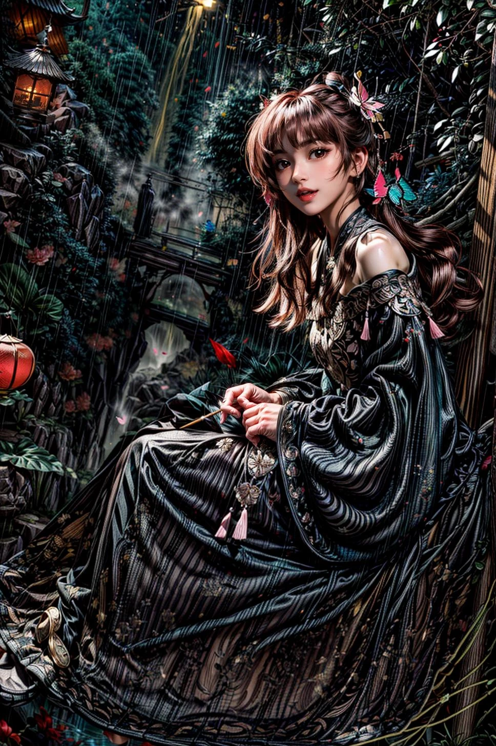 <(best quality, extremery best quality, masterpiece:1.4), (realistic, intricate details:1.4), (photorealistic:1.4), (extremely intricate:1.4), highres, ultra highres, ultra detailed, ultra-detailed, absurdres, incredibly absurdres, extremely detailed, high quality, high resolution, hyperrealistic, ultra-realistic, hyper-detailed, top quality, best, fine detail, massive detail, Highly detailed, extreme detailed, highest detailed, high-res, absolutely resolution, reflection, (refraction:1.4), (hyperrealism:1.4)>, BREAK, (1girl:1.3), solo, looking at viewer, (young cute beautiful 18-year-old girl:1.4), 3d face, (hand of Guido Daniele:1.4), beautiful girl, Beautiful face, pretty, girlface, kpop idol, supermodel, stunning innocent symmetry face, perfect body, medium breast, slim waist, slim legs, (high detailed skin:1.5), glowing eyes, goddess, natural skin texture, shiny skin, White skin, Beautiful detailed face, detailed face, real skin texture, cute delicate face, finely detailed face, golden ratio, golden ratio face, expressive eyes, perfect face, perfect skin, flawless face, clear face, shiny hair, pale skin, Proper body proportion, perfect anatomy, realistic skin texture, luscious lips, glossy lips, natural makeup, beautiful bright pupils, slender figure, intricate eyes, detailed pupils, detailed face and eyes, longeyelashes, blush, good hand, perfect hands, pretty face, beautiful female bodies, finely detailed skin, oily shiny skin, clean facial features, an extremely delicate and beautiful, cute & girly, beautiful detailed eyes, stars in the eyes, detailed simmetric eyes, perfect smooth skin texture, BREAK, (((((standing, (white/blue/red/black/green/pink/yellow chinese shirt),(white/blue/red/black/green/pink/yellow chinese long skirt), (dancing, smile, Pink hair, Pink eye, long hair, Pink eyelashes, Pink lips, Pink lip colour, Eyes glowing Pink, flat bangs, happy expression, warm smile), (lotus, hair ornament, water, dancing with butterfly, chinese traditional architecture, in the garden, floral background, brilliant colors, long_hair, nail_polish, jewelry, ancient art, chinese style), (night, Night time, moon light, Golden Hour, sky, landscape, aurora borealis, stars, outdoors, Chinese, Pink fireworks, Sakura tree background:1.4), (lake background, mountains, full moon background, night lake shore, river, forest, chinese style countryard, lanterns, pond, cobblestone pathway, building pavilion, chinese buildings, moutains, misty lake, ancient chinese background, puddle, after the rain, petals falling, wet grass and trees, flower sea, in a meadow, waterfall, breeze, flying splashes, flying petals, leaves, bloom, bloom effect, surrounded by heavy floating petal flow, petal, Pink butterfly, flower, detailed beautiful grassland with petal, flowers, plants, Pink rose, many Pink roses, leaves falling from the tree, dust is drifting, ethereal, scenery, nature, mysterious background:1.4), (iridescent colors, Iridescence, blush, mysterious, fantasy background, fantasy, open mouth:1.2), (fog, wind:1.2), (Luminescent Particles:1.3), (fullbody:1.2), (eye focus, face focus, character focus, close-up face:1.2), (dutch angle, cowboy shot:1.3), colorful refraction)))), BREAK, <cinematic portrait, analog film photography, film emulation, bokeh, blurry noise background, watercolor, available light, detailed light, volumetric fog, beautiful lighting, Rembrandt lighting, Cinematic, pixel art, game art, key visual, surreal, PBR Texturing, Anisotropic Filtering, Maximum Clarity And Sharpness, Albedo And Specular Maps, Multi-Layered Textures, Surface Shading, Sub-Pixel Convolution, Sub-Pixel Convolution, Accurate Simulation Of Light-Material Interaction, blurry foreground, broad light, volumetric light effect, matte painting, perfectly defined features, volumetric lighting, Tone Mapping, Lumen Reflections, Global illumination, Ray Tracing, Screen Space Global Illumination, Accent Lighting, 32k, Natural Lighting, volumetric, cinematic masterpiece, Rule of thirds, high dynamic range, Multi-exposure HDR capture, cinematic render, game cg cinematic, atmospheric perspective, movie scene, epic dynamic frame, motion blur, ((cinematic look, Film look)), rim light, 4k textures, adobe lightroom, photolab, insane details, hyperdetailed, exposure blend, professional color grading, professional color correction, aerial perspective, particles and dust in beams of light, cinematic scene, dynamic lighting, sharp details, lomography, soft focus, light leaks, bold hues, atmospheric depth, (explosive light and shadow:1.2), aesthetics, intricate designs, ultra realistic digital art, (zentangle, mandala, tangle, entangle), (fractal art), elegant, vivid colours, floating particles, particles, dramatic, epic, (ink drawing, oil painting detailed), (dramatic lighting:1.2), RAW, huge filesize, extremery detailed CG, Photo, 8k uhd, cinematic atmosphere, trending on artstation, award-winning glamour photograph, highly detailed photo, official art, beautiful and aesthetic, unity 8k wallpaper, beautiful, highly detailed CG illustration, best illustration, intricate, Amazing, emotional, analog, painting, digital painting, concept art, Oil Painting, illustration, Classical art, Renaissance, Romanticism, Neoclassicism, Color Palette, depth and contrast, Vibrant colors, saturated, rich saturation, color harmony, vivid palette, concept-art, design style, detail character, concept render, colorful, analog photography, dreamy atmosphere, specular highlights, atmospheric lighting, (dynamic angle, dynamic pose :1.3), (shiny, clothes reflecting light, lens flare, bloom effect, light particle, lens glare:1.3), realistic lighting, cinematic light, (cinematic lighting), light in the face, soft lighting, saturated colors, detailed background, sharp focus, 8k high definition, perspective, Master Composition, roughness, post-processing, soft shadows, realistic shadows, ambient occlusion, ray-tracing, subsurface scattering, photon mapping, physically-based rendering, octane rendering, unreal engine 5, ue5 rendering, Adobe After FX, dslr, RTX, Best character details, radiosity, sharp, antialiased, RAW photo, HDR, 8k, 4k, (((Photographed by Roger Deakins, using a RED Monstro 8K VV camera and a series of high-end lenses))), ((Hasselblad photography)), (film grain:1.4), Kodak portra 400, ((Fujifilm X-T5)), professional photograph, depth of field, caustics, Broad lighting, diffuse lighting, rim lighting, two tone lighting, textile details, visible pores, high resolution scan, professionally color graded, photographic reality, automatic white balance, best lighting, detailed shadow, high contrast, strong light and shadow>, (PureErosFace_V1:0.5), (ulzzang-6500:1), <lora:epiNoiseoffset_v3:2>, <lora:add_detail:2>, <lora:hipoly_3dcg_v7-epoch-000012:0.6>, <lora:hanfu_ming:1>, kbxll, <lora:more_details:1>