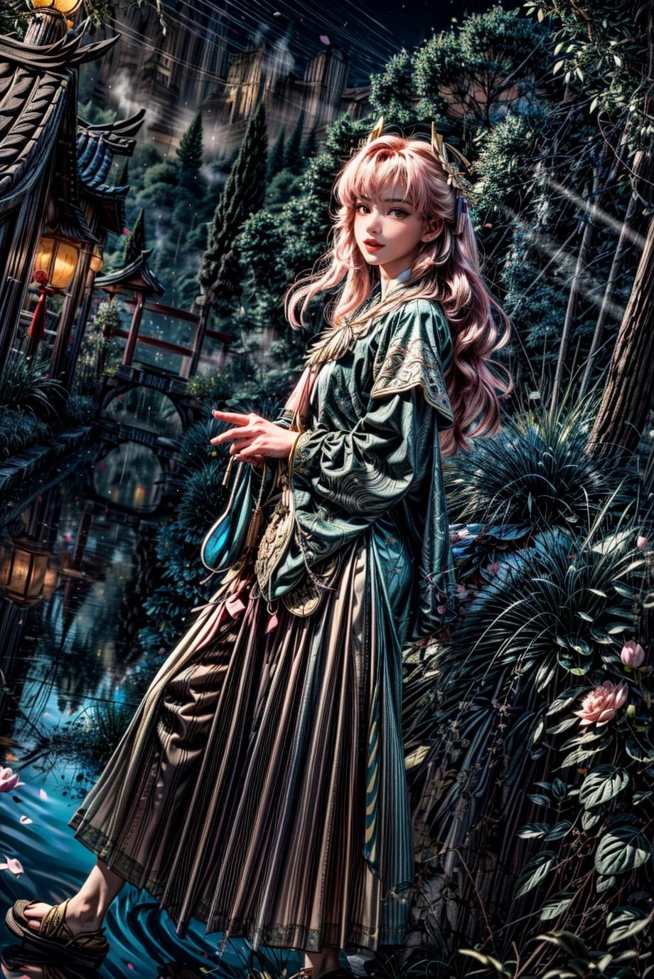 <(best quality, extremery best quality, masterpiece:1.4), (realistic, intricate details:1.4), (photorealistic:1.4), (extremely intricate:1.4), highres, ultra highres, ultra detailed, ultra-detailed, absurdres, incredibly absurdres, extremely detailed, high quality, high resolution, hyperrealistic, ultra-realistic, hyper-detailed, top quality, best, fine detail, massive detail, Highly detailed, extreme detailed, highest detailed, high-res, absolutely resolution, reflection, (refraction:1.4), (hyperrealism:1.4)>, BREAK, (1girl:1.3), solo, looking at viewer, (young cute beautiful 18-year-old girl:1.4), 3d face, (hand of Guido Daniele:1.4), beautiful girl, Beautiful face, pretty, girlface, kpop idol, supermodel, stunning innocent symmetry face, perfect body, medium breast, slim waist, slim legs, (high detailed skin:1.5), glowing eyes, goddess, natural skin texture, shiny skin, White skin, Beautiful detailed face, detailed face, real skin texture, cute delicate face, finely detailed face, golden ratio, golden ratio face, expressive eyes, perfect face, perfect skin, flawless face, clear face, shiny hair, pale skin, Proper body proportion, perfect anatomy, realistic skin texture, luscious lips, glossy lips, natural makeup, beautiful bright pupils, slender figure, intricate eyes, detailed pupils, detailed face and eyes, longeyelashes, blush, good hand, perfect hands, pretty face, beautiful female bodies, finely detailed skin, oily shiny skin, clean facial features, an extremely delicate and beautiful, cute & girly, beautiful detailed eyes, stars in the eyes, detailed simmetric eyes, perfect smooth skin texture, BREAK, (((((standing, (white/blue/red/black/green/pink/yellow chinese shirt),(white/blue/red/black/green/pink/yellow chinese long skirt), (dancing, smile, Pink hair, Pink eye, long hair, Pink eyelashes, Pink lips, Pink lip colour, Eyes glowing Pink, flat bangs, happy expression, warm smile), (lotus, hair ornament, water, dancing with butterfly, chinese traditional architecture, in the garden, floral background, brilliant colors, long_hair, nail_polish, jewelry, ancient art, chinese style), (night, Night time, moon light, Golden Hour, sky, landscape, aurora borealis, stars, outdoors, Chinese, Pink fireworks, Sakura tree background:1.4), (lake background, mountains, full moon background, night lake shore, river, forest, chinese style countryard, lanterns, pond, cobblestone pathway, building pavilion, chinese buildings, moutains, misty lake, ancient chinese background, puddle, after the rain, petals falling, wet grass and trees, flower sea, in a meadow, waterfall, breeze, flying splashes, flying petals, leaves, bloom, bloom effect, surrounded by heavy floating petal flow, petal, Pink butterfly, flower, detailed beautiful grassland with petal, flowers, plants, Pink rose, many Pink roses, leaves falling from the tree, dust is drifting, ethereal, scenery, nature, mysterious background:1.4), (iridescent colors, Iridescence, blush, mysterious, fantasy background, fantasy, open mouth:1.2), (fog, wind:1.2), (Luminescent Particles:1.3), (fullbody:1.2), (eye focus, face focus, character focus, close-up face:1.2), (dutch angle, cowboy shot:1.3), colorful refraction)))), BREAK, <cinematic portrait, analog film photography, film emulation, bokeh, blurry noise background, watercolor, available light, detailed light, volumetric fog, beautiful lighting, Rembrandt lighting, Cinematic, pixel art, game art, key visual, surreal, PBR Texturing, Anisotropic Filtering, Maximum Clarity And Sharpness, Albedo And Specular Maps, Multi-Layered Textures, Surface Shading, Sub-Pixel Convolution, Sub-Pixel Convolution, Accurate Simulation Of Light-Material Interaction, blurry foreground, broad light, volumetric light effect, matte painting, perfectly defined features, volumetric lighting, Tone Mapping, Lumen Reflections, Global illumination, Ray Tracing, Screen Space Global Illumination, Accent Lighting, 32k, Natural Lighting, volumetric, cinematic masterpiece, Rule of thirds, high dynamic range, Multi-exposure HDR capture, cinematic render, game cg cinematic, atmospheric perspective, movie scene, epic dynamic frame, motion blur, ((cinematic look, Film look)), rim light, 4k textures, adobe lightroom, photolab, insane details, hyperdetailed, exposure blend, professional color grading, professional color correction, aerial perspective, particles and dust in beams of light, cinematic scene, dynamic lighting, sharp details, lomography, soft focus, light leaks, bold hues, atmospheric depth, (explosive light and shadow:1.2), aesthetics, intricate designs, ultra realistic digital art, (zentangle, mandala, tangle, entangle), (fractal art), elegant, vivid colours, floating particles, particles, dramatic, epic, (ink drawing, oil painting detailed), (dramatic lighting:1.2), RAW, huge filesize, extremery detailed CG, Photo, 8k uhd, cinematic atmosphere, trending on artstation, award-winning glamour photograph, highly detailed photo, official art, beautiful and aesthetic, unity 8k wallpaper, beautiful, highly detailed CG illustration, best illustration, intricate, Amazing, emotional, analog, painting, digital painting, concept art, Oil Painting, illustration, Classical art, Renaissance, Romanticism, Neoclassicism, Color Palette, depth and contrast, Vibrant colors, saturated, rich saturation, color harmony, vivid palette, concept-art, design style, detail character, concept render, colorful, analog photography, dreamy atmosphere, specular highlights, atmospheric lighting, (dynamic angle, dynamic pose :1.3), (shiny, clothes reflecting light, lens flare, bloom effect, light particle, lens glare:1.3), realistic lighting, cinematic light, (cinematic lighting), light in the face, soft lighting, saturated colors, detailed background, sharp focus, 8k high definition, perspective, Master Composition, roughness, post-processing, soft shadows, realistic shadows, ambient occlusion, ray-tracing, subsurface scattering, photon mapping, physically-based rendering, octane rendering, unreal engine 5, ue5 rendering, Adobe After FX, dslr, RTX, Best character details, radiosity, sharp, antialiased, RAW photo, HDR, 8k, 4k, (((Photographed by Roger Deakins, using a RED Monstro 8K VV camera and a series of high-end lenses))), ((Hasselblad photography)), (film grain:1.4), Kodak portra 400, ((Fujifilm X-T5)), professional photograph, depth of field, caustics, Broad lighting, diffuse lighting, rim lighting, two tone lighting, textile details, visible pores, high resolution scan, professionally color graded, photographic reality, automatic white balance, best lighting, detailed shadow, high contrast, strong light and shadow>, (PureErosFace_V1:0.5), (ulzzang-6500:1), <lora:epiNoiseoffset_v3:1>, <lora:add_detail:2>, <lora:hipoly_3dcg_v7-epoch-000012:0.6>, <lora:hanfu_ming:0.8>, kbxll, <lora:LowRA:0.3>, <lora:more_details:0.7>