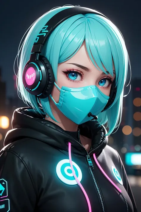 (best quality, masterpiece, perfect face, (frontal view, facing viewer:1.2), centered, 3d, 3d model, unreal engine, | digital face portrait, | 1girl, solo, aqua hair color, short hairstyle, light blue eyes, | (neon wireless headphones headset:1.2), (black neon futuristic mouth mask:1.2), dark blue hoodie, | futuristic city lights, sunset, buildings, urban scenery, neon lights | bokeh, depth of field,