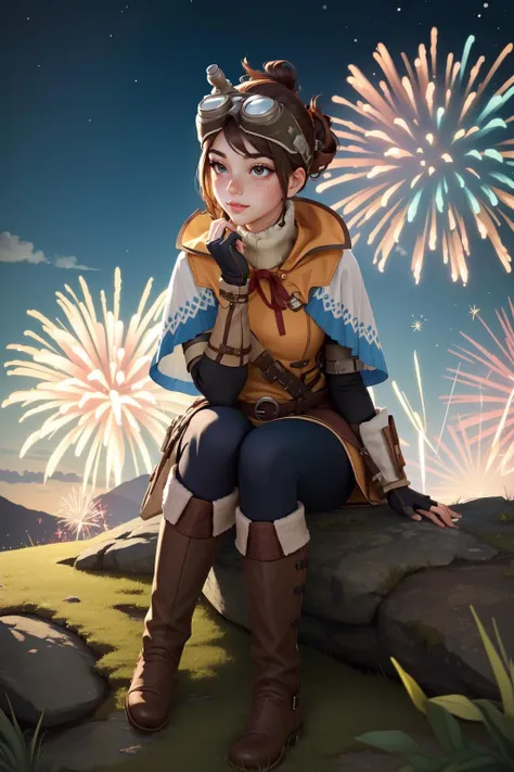 (masterpiece, best quality), intricate details,
1girl, <lora:mhw_handler:0.8> mhwhandler, freckles, goggles on head, capelet, boots, fingerless gloves,
village, fireworks, night time, sitting on grassy hill,