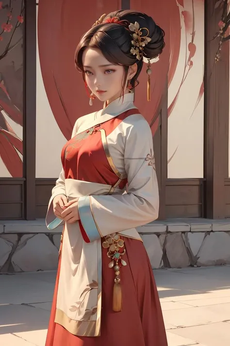extremely detailed eyes and face, realistic, 8k, photo,masterpiece, best quality, 1girl, (standing, medium breasts), arms behind back, red qingchao_dress, qingchao_haircut, qingchao, qingchao_scarf <lora:add_detail:0.2> , <lora:shuV2:0.3>, <lora:C_gongbi:0.2>, <lora:QingChao:0.9>