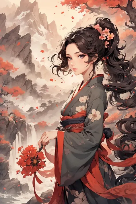 Hanfu,(masterpiece, best quality), 1girl, wavy hair, looking at viewer,holding a flower,upper body, floral print,ponytail, <lyco:GoodHands-beta2:1>,scenery,mountain waterfall background,<lora:add_detail:0.2> , <lora:_20230728200903:0.8>,5, <lora:shuV2:0.3>,