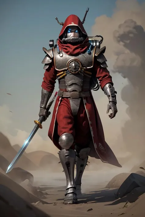 masterpiece, best quality, high quality,1boy,glowing eyes,upper body focus, skitarii warrior, hood down, wearing skitarii armor, full face helmet, pelvic curtain, extra mechanical appendages, walking, pointing, cyborg, mechanical arms detail, full armor, bronze trimmings, armor detail, gold trimmings, red robe, holding sword,dynamic action pose, sandstorm, dune, volume fog, Atmospheric Perspective,<lora:more_details:0.3>, <lora:Skitarii Guard MK1 by CARAXES:0.8>,