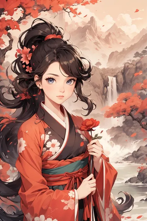 Hanfu,(masterpiece, best quality), 1girl, wavy hair, looking at viewer,holding a flower,upper body, floral print,ponytail, <lyco:GoodHands-beta2:1>,scenery,mountain waterfall background,<lora:add_detail:0.2> , <lora:_20230728200903:0.8>,5, <lora:shuV2:0.3>,
