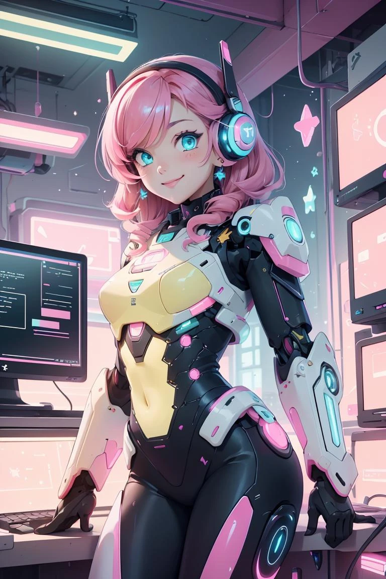 1girl, (female:1.2), young, cute face, finely detailed eyes and face, rosy pink hair, aqua eyes, looking at viewer, (electronic theme:1.1) futuristic hacker of evil high tech, gamer, smile, advanced technology, android, cybersuit, exosuit, hardsuit, mechasuit, mecha, techwear, keycard, cables, (holographic display:1.05), error message, computer, password, gamer room in the background, pink lights, cyber warfare, kawaiitech, pastel colors, kawaii, scifi, cowboy shot, finely detailed background, Depth of Field, VFX <lora:Niji:0.5>,<lora:KawaiiTech:0.8>
