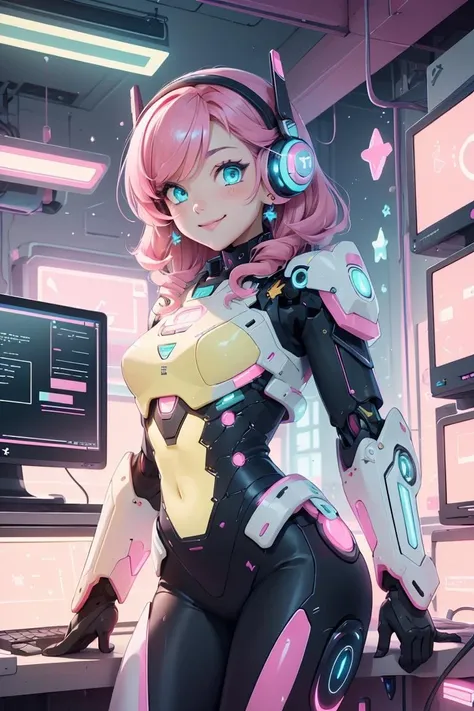 1girl, (female:1.2), young, cute face, finely detailed eyes and face, rosy pink hair, aqua eyes, looking at viewer, (electronic theme:1.1) futuristic hacker of evil high tech, gamer, smile, advanced technology, android, cybersuit, exosuit, hardsuit, mechasuit, mecha, techwear, keycard, cables, (holographic display:1.05), error message, computer, password, gamer room in the background, pink lights, cyber warfare, kawaiitech, pastel colors, kawaii, scifi,  cowboy shot, finely detailed background, Depth of Field, VFX <lora:Niji:0.5>,<lora:KawaiiTech:0.8>