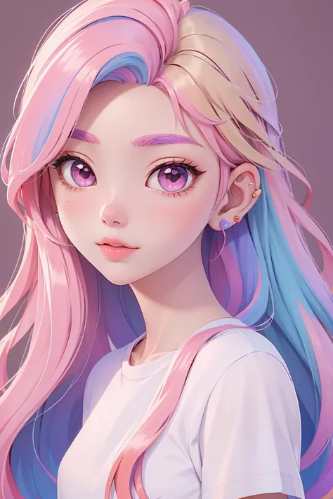 best quality, cartoon_portrait, 1girl, solo, long hair, looking at viewer, blonde hair, simple background, shirt, brown eyes, white shirt, pink hair, multicolored hair, earrings, lips, <lora:cartoon_portrait_v2:0.7>