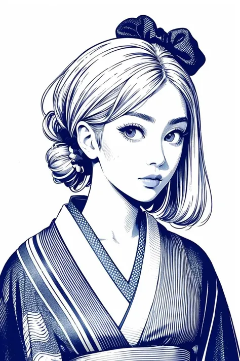 <lora:ballpointpen:0.9>,masterpiece,1girl,((upper body)),blue ballpoint pen drawing,pale skin,long eyelashes,(kimono:1.3),look at viewer,face front,(hair scrunchie:1.2),