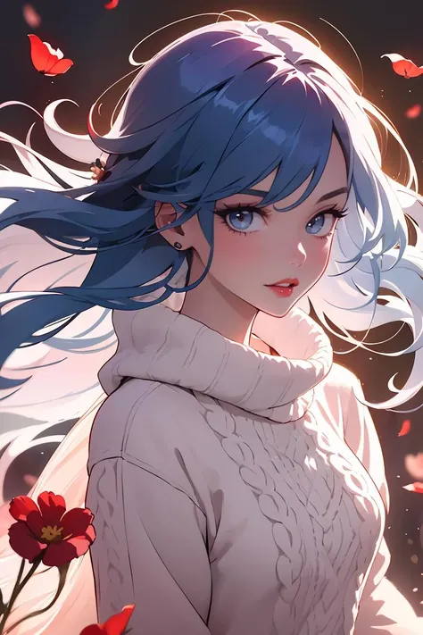 <lora:Mr_MC_R-WM_V1.2:0.6>,Mr_MC_R-WM_V1,girl,long hair,solo,floating hair,parted lips,red lips,lips,Blue hair,(flower),eyelashes,Knitted clothes,<lora:GoodHands-beta2:1>,