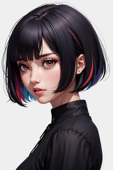 1girl, solo, upper body, looking at viewer, white background, bob cut, short hair, multicolored hair, makeup, parted lips, red lips, eyeliner,