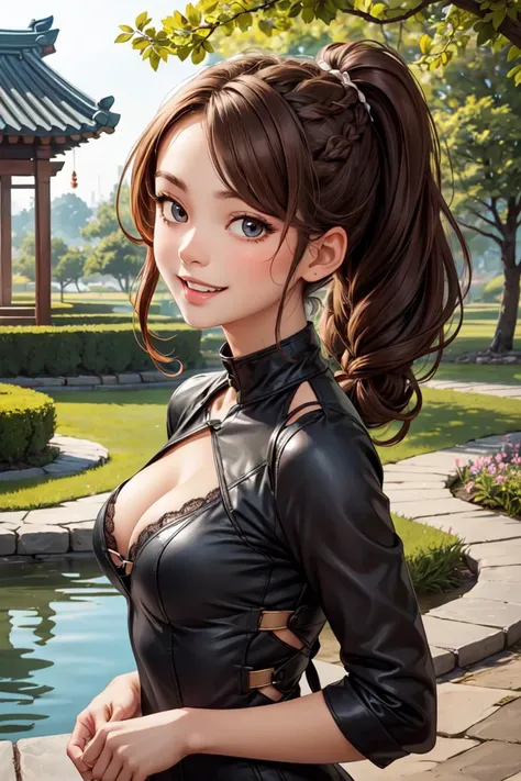 (masterpiece, best quality:1.4), high detail, (detailed face), detailed eyes, detailed background,dramatic lighting, 11girl,Braid,laughing,Black_see-through_bodysuit, black_shorts, black_lace-up_boots, (yellowish-brown skin tone:1.1), Curly side-swept ponytail, Beige brown hair, excited, wide shot, upper body, girl, cleavage, South Korea, Tourism, a serene and picturesque royal garden with ponds, pavilions, and walking trails,((upper body)) BREAK looking at viewer,random angle,<lora:more_details:0.3> <lyco:GPTS4 dreamwave full_478773:0.3>, <lyco:GoodHands-beta2:0.8>