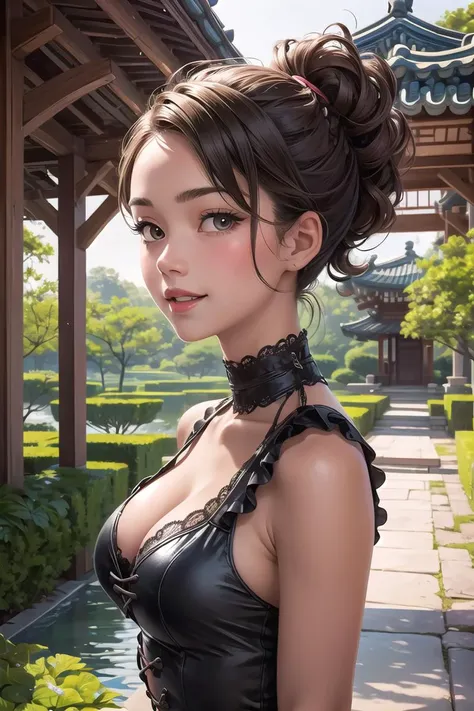 (masterpiece, best quality:1.4), high detail, (detailed face), detailed eyes, detailed background,dramatic lighting, 11girl,Braid,laughing,Black_see-through_bodysuit, black_shorts, black_lace-up_boots, (yellowish-brown skin tone:1.1), Curly side-swept ponytail, Beige brown hair, excited, wide shot, upper body, girl, cleavage, South Korea, Tourism, a serene and picturesque royal garden with ponds, pavilions, and walking trails,((upper body)) BREAK looking at viewer,random angle,<lora:more_details:0.3> <lyco:GPTS4 dreamwave full_478773:0.3>, <lyco:GoodHands-beta2:0.8>