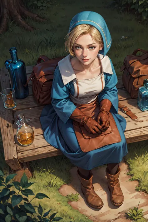 (masterpiece, best quality, 4k, detailed, intricate, realistic),outside,field,sunlight,sitting,from above,bottles,potions,1girl, chemistfft,short hair, blonde hair, brown eyes, blue head scarf, blue dress, long sleeves, apron, bag, gloves,boots,slight smile, <lora:FinalFantasy_FemaleChemist:0.8>