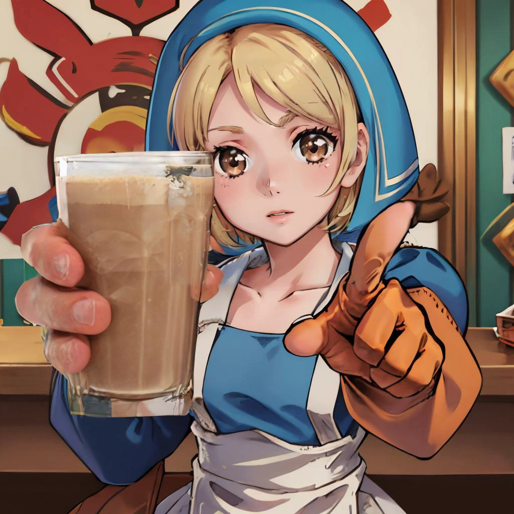 masterpiece, best quality, <lora:FinalFantasy_FemaleChemist:0.9> ChemistFFT, short hair, blonde hair, brown eyes, blue head scarf, blue dress, long sleeves, apron, gloves, boots <lora:concept_choccymilk-10:0.8> choccymilk, pointing at viewer, holding, cup
