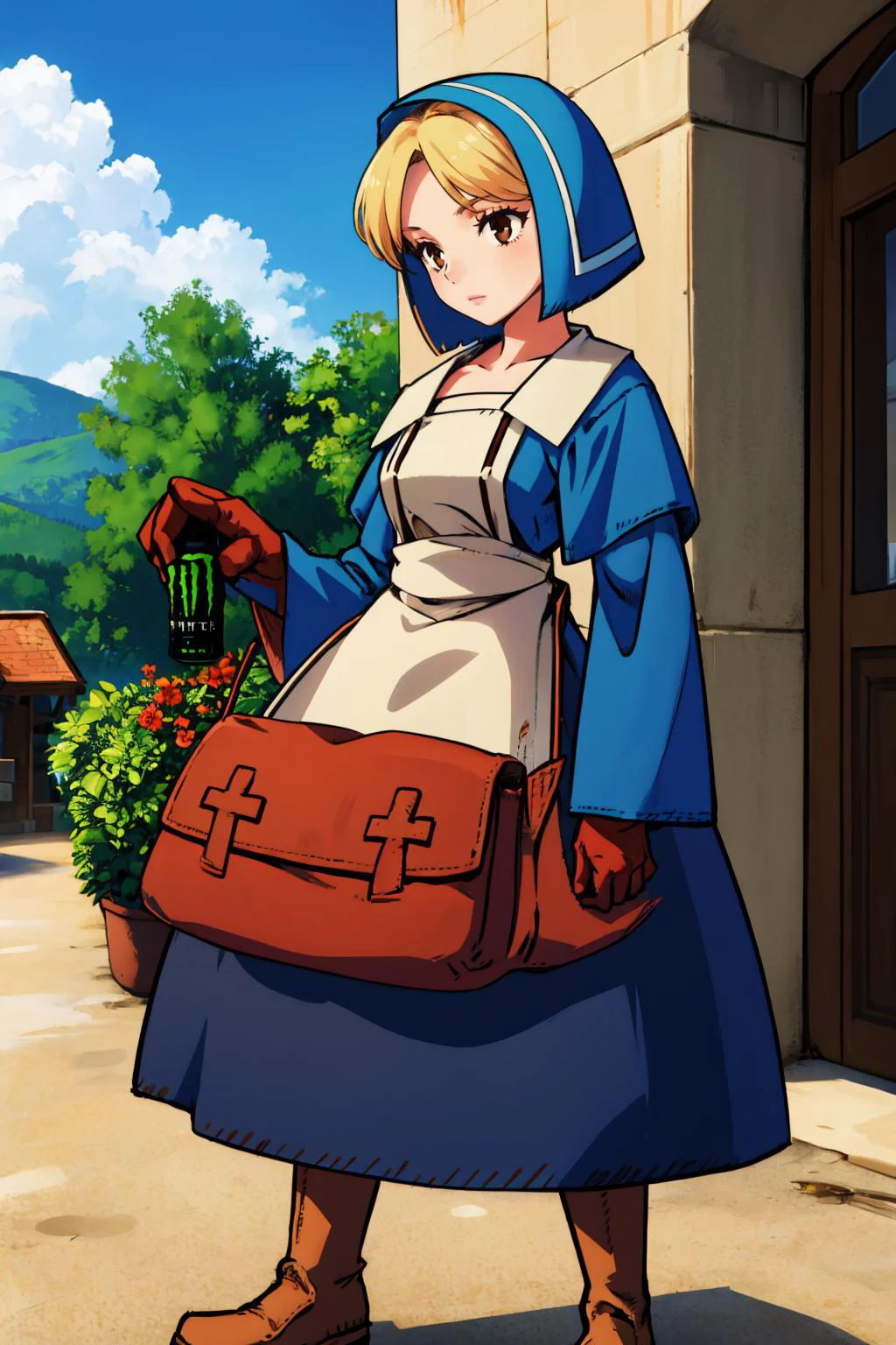 masterpiece, best quality, <lora:FinalFantasy_FemaleChemist:0.9> ChemistFFT, short hair, blonde hair, brown eyes, blue head scarf, blue dress, long sleeves, apron, bag, gloves, boots, <lora:HoldingMonsterEnergy:0.8> holding, HoldingMonsterEnergy, village, sky