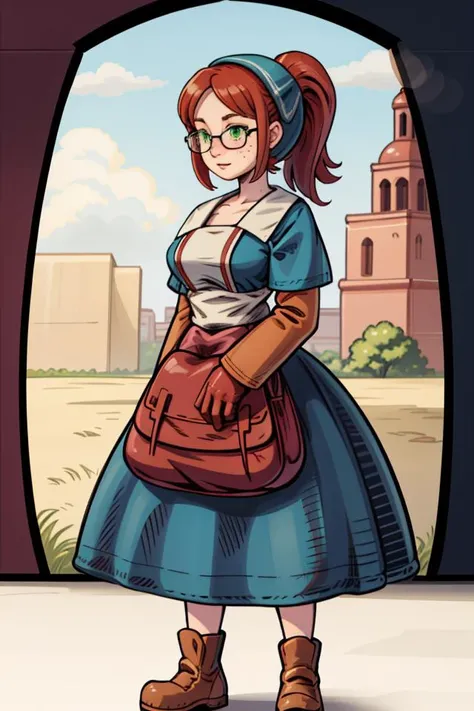 <lora:PAseer-SD15-LCM Quick:1>
 <lora:Bandi:0.6> red hair, glasses, freckles, ponytail, side bangs, side_locks, sidelocks, green eyes, large breasts,
 <lora:FinalFantasy_FemaleChemist:1> blue head scarf, blue dress, long sleeves, apron, bag, gloves, boots,