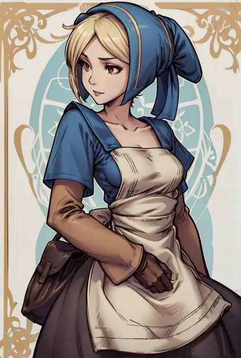 <lora:FinalFantasy_FemaleChemist:.75> ChemistFFT, short hair, blonde hair, brown eyes, blue head scarf, blue dress, long sleeves, bag, gloves, apron, sideboob,, (sexy, slutty, seductive:1.25), large breasts, petite, small frame,