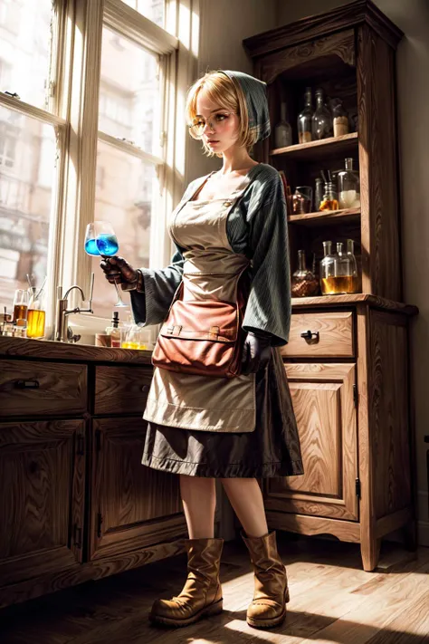 <lora:FinalFantasy_FemaleChemist:0.86>, ((ChemistFFT, short hair, blonde hair, brown eyes, blue head scarf, blue dress, long sleeves, apron, bag, gloves, boots,)):1.22,
BREAK((1woman, adorable, cute , clear face, solo), (full body:1.35), ((a woman wearing a sliver clear glasses):1.2)),
BREAK(perfect(anatomy,body,face,hand,leg,foot,finger),(yellow eyes, multicolored hairs, very long hairs):1.2, cleavage),
BREAK(soft light, light on face, cinematic lighting,dynamic angle, dynamic posture, detailed shadow, detailed lightning, (wide view, wide-angle lens)),
BREAK(beautiful detailed woman, glossy pink lips, (milky skin, shiny skin):1.25, makeup, blush,eyeliner, eyeshadow, eyelashes, textured skin, collarbone, perfect skin)
BREAK(<lora:more_details:0.7>, extremely detailed, CG, 8k Amazing, finely detail, (masterpiece:2.0, best quality), (intricate details, depth of field)),
BREAK((<lora:uber_saggy2:0.66>, saggy, sagging_breasts, (huge breasts))),
in laboratory, detailed chemist room, test glass, science glass, tube glass,