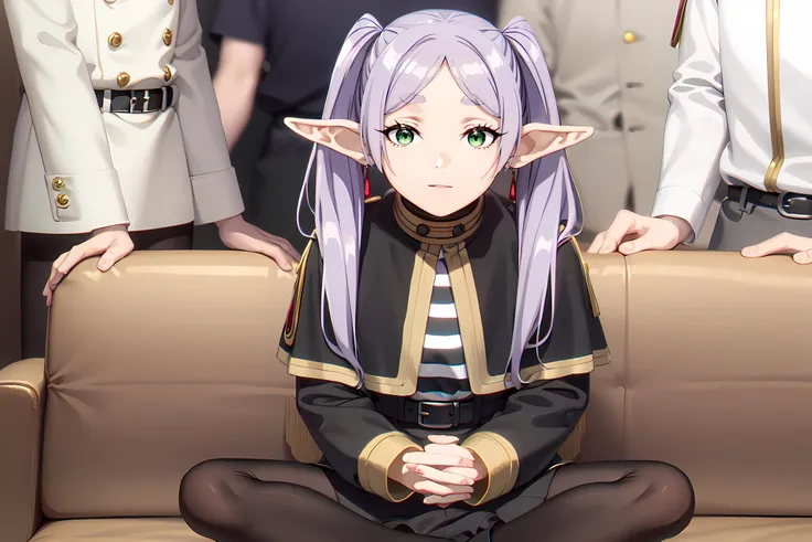 frieren, <lora:frieren-lora-nochekaiser:1>,
frieren, long hair, twintails, (green eyes:1.5), grey hair, pointy ears, elf,
BREAK shirt, long sleeves, jewelry, pantyhose, earrings, striped, black pantyhose, capelet, striped shirt,
BREAK <lyco:GoodHands-beta2:1>, (masterpiece:1.2), best quality, high resolution, unity 8k wallpaper, (illustration:0.8), (beautiful detailed eyes:1.6), extremely detailed face, perfect lighting, extremely detailed CG, (perfect hands, perfect anatomy),
looking at viewer,
<lyco:muririn1-000004:0.4> muririn style,
MULTIPLE BOYS Wearing a black suit and clenching his fists,,1GIRL,SITTING,INDIAN STYLE,COUCH,
<lora:piperperrimeme_v2.0:.1>