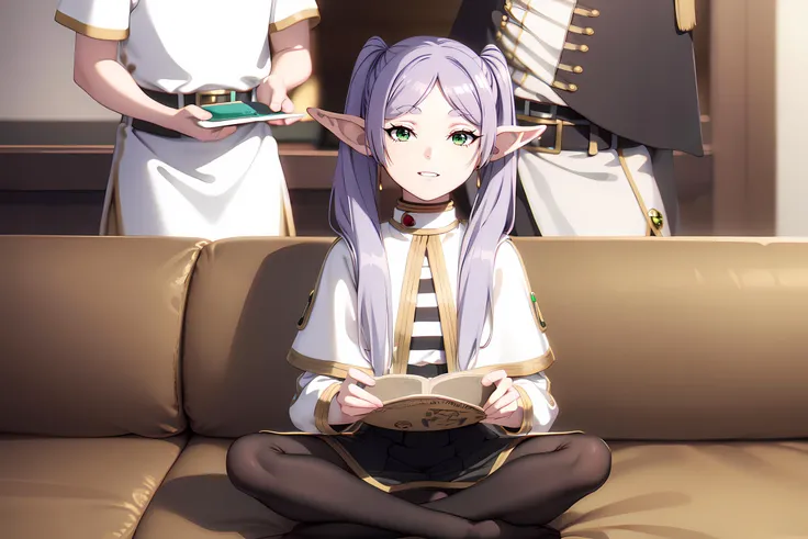 frieren, <lora:frieren-lora-nochekaiser:1>,
frieren, long hair, twintails, (green eyes:1.5), grey hair, pointy ears, elf,
BREAK shirt, long sleeves, jewelry, pantyhose, earrings, striped, black pantyhose, capelet, striped shirt,
BREAK <lyco:GoodHands-beta2:1>, (masterpiece:1.2), best quality, high resolution, unity 8k wallpaper, (illustration:0.8), (beautiful detailed eyes:1.6), extremely detailed face, perfect lighting, extremely detailed CG, (perfect hands, perfect anatomy),
 looking at viewer,smile,grin,evil smile,
<lyco:muririn1-000004:0.4> muririn style,
1GIRL,MULTIPLE BOYS,SITTING,INDIAN STYLE,COUCH,
 <lora:piperperrimeme_v2.0:1>