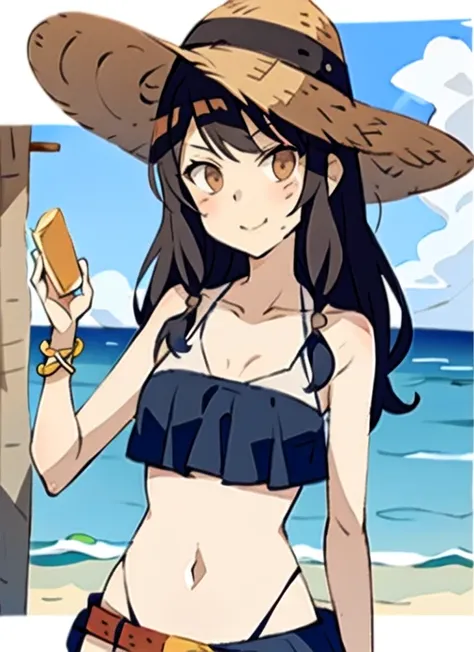1girl, solo, black hair, wavy hair, outdoors, upper body, closed mouth, brown eyes, bikini, beach hat, sunglasses, summer fashion, happy expression, soda can, food, window. beach