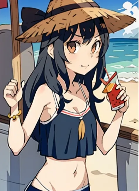 1girl, solo, black hair, wavy hair, outdoors, upper body, closed mouth, brown eyes, bikini, beach hat, sunglasses, summer fashion, happy expression, soda can, food, window. beach