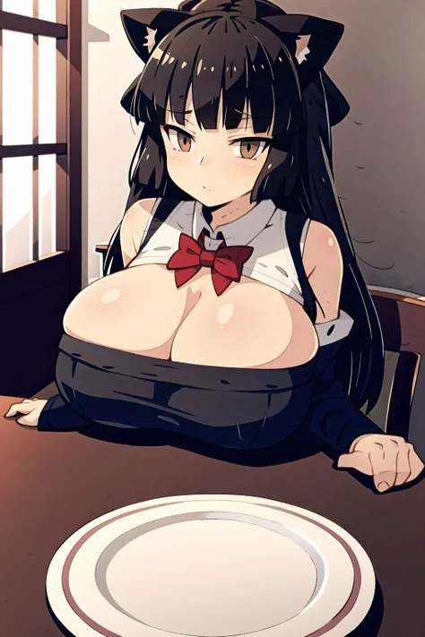 nekomusume,=american classical style architecture,=breasts rest on table